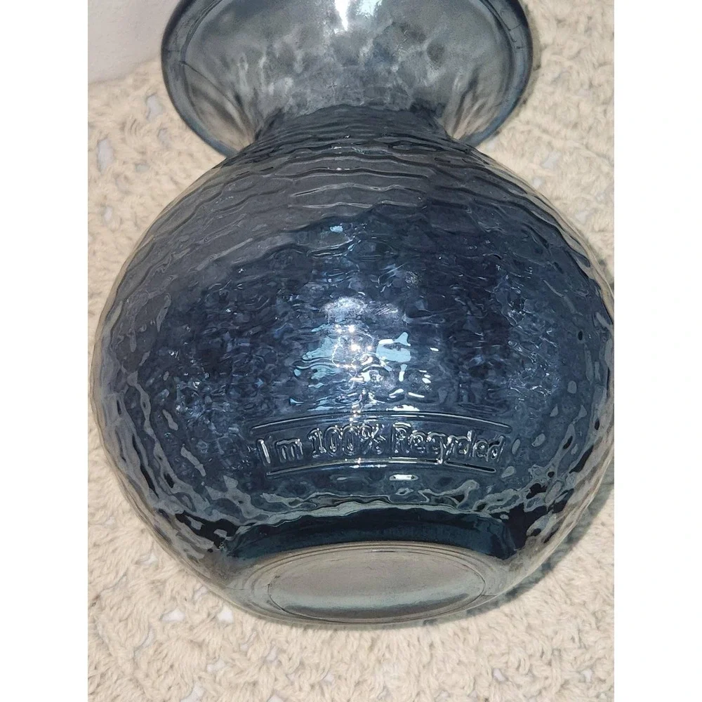 Blue Recycled Glass Vase Hammered Texture Round Bulbous Floral Decor 7.5 inch
